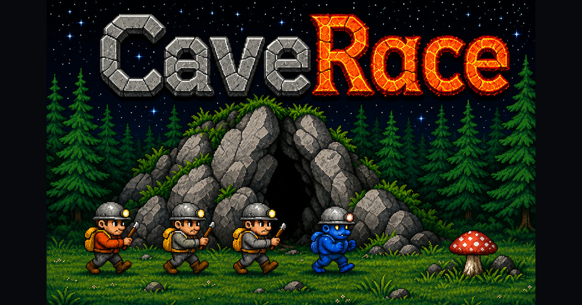 CaveRace Miner surrounded by caves, treasure, bombs, and aliens